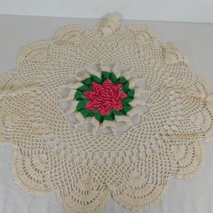 Large Vintage Hand Crochet Doily Round Table Cloth Topper 24” Rose Center FLAW